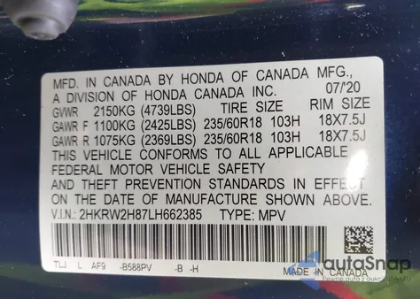 2020 Honda Cr-V Awd Ex-L from USA, damaged, VIN 2HKRW2H87LH662385